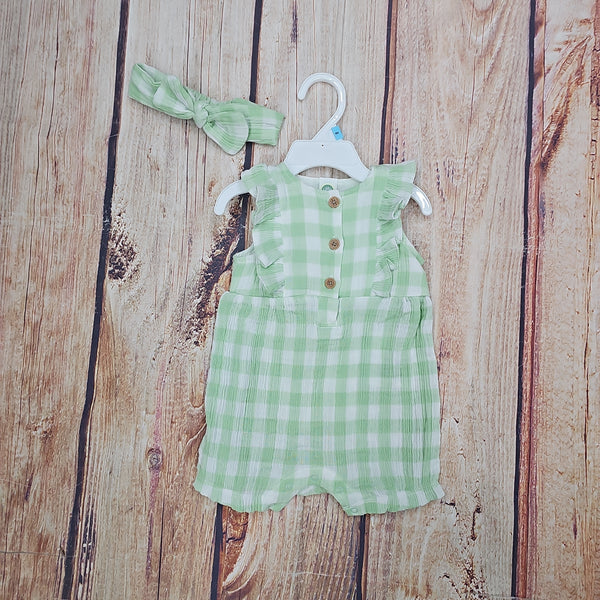 LITTLE ME GREEN CHECK ROMPER LCR14579N