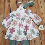 LITTLE ME FLORAL SWEATSHIRT DRESS SET MAUVE/TAN/GREEN