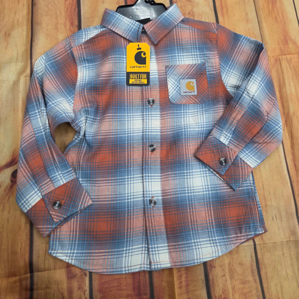 CARHARTT BOYS L/S FLANNEL BUTTON UP SHIRT BURNT BRICK CE8219-RGO-CA1
