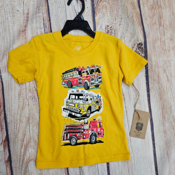WES AND WILLY YELLOW FIRE TRUCKS STACK TEE