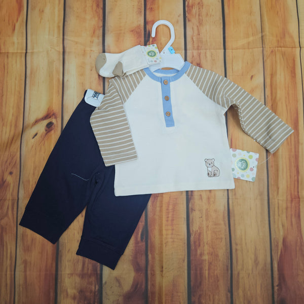 LITTLE ME BEAR TAN/NAVY JOGGER 3PC SET