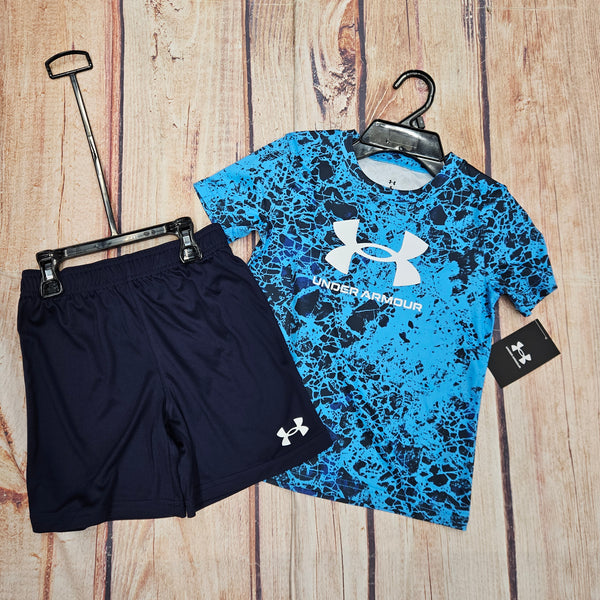 UA 2 PIECE PRINTED TECH SHORT SET BLUE