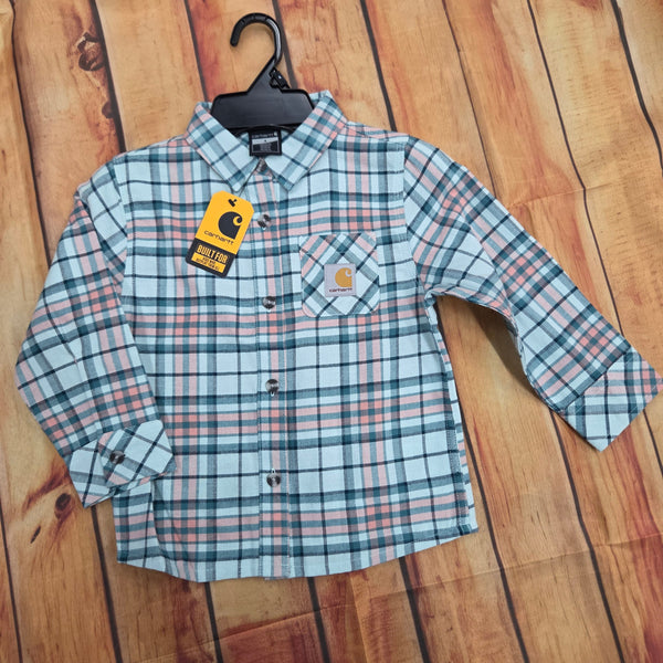 CARHARTT GIRLS L/S POCKET FLANNEL SHIRT LT. BLUE GREEN CE9166-B351-UA2