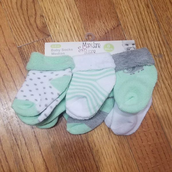Mary Jane and Buster 6pk mint and gray socks